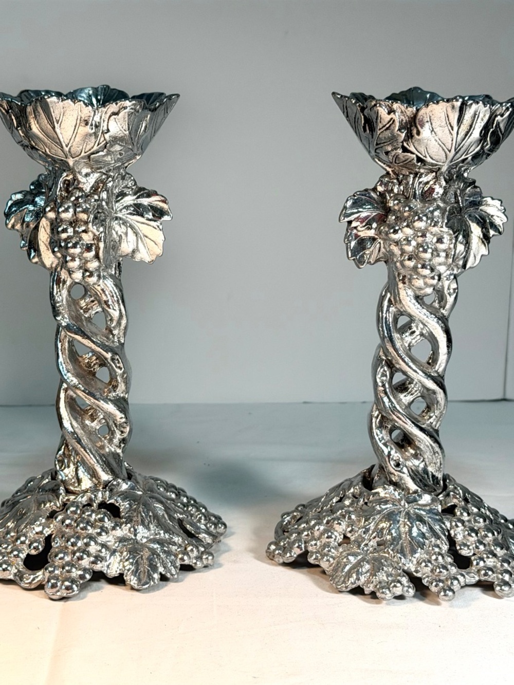 Pair Vintage 1996 Arthur Court Candlesticks 9", Grape Clusters Motif